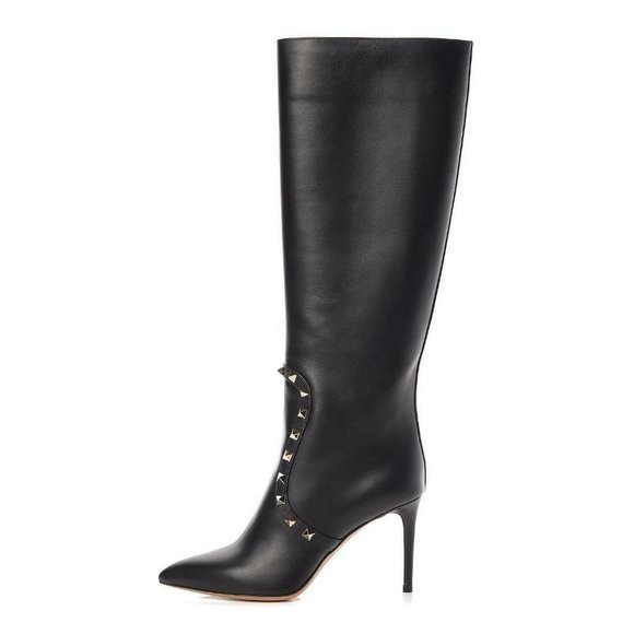 Valentino Rockstud Studded Leather Pointed Toe Knee High Tall Heels Boots